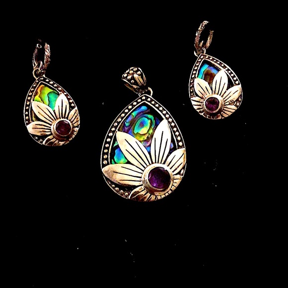 Silver set with abalone pearl and amethyst🌸earrings with pendant 🌺 - Picture 1 of 14